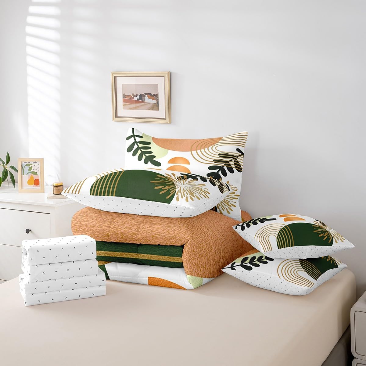 Boho Mid Century 7 Piece Comforter Set Full Bed in a Bag Abstract Geometric Bedding Sets,Modern Minimalist Simplistic Geometric Line Art Sheet Set,Circle Ombre Stripes Room Decor,Orange Green