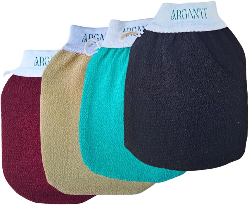 Kessa Moroccan Exfoliating Glove - Traditional Beauty Essential for Deep Skin Cleansing, Skin Exfoliation and Dead Skin Removal (Set of 4)