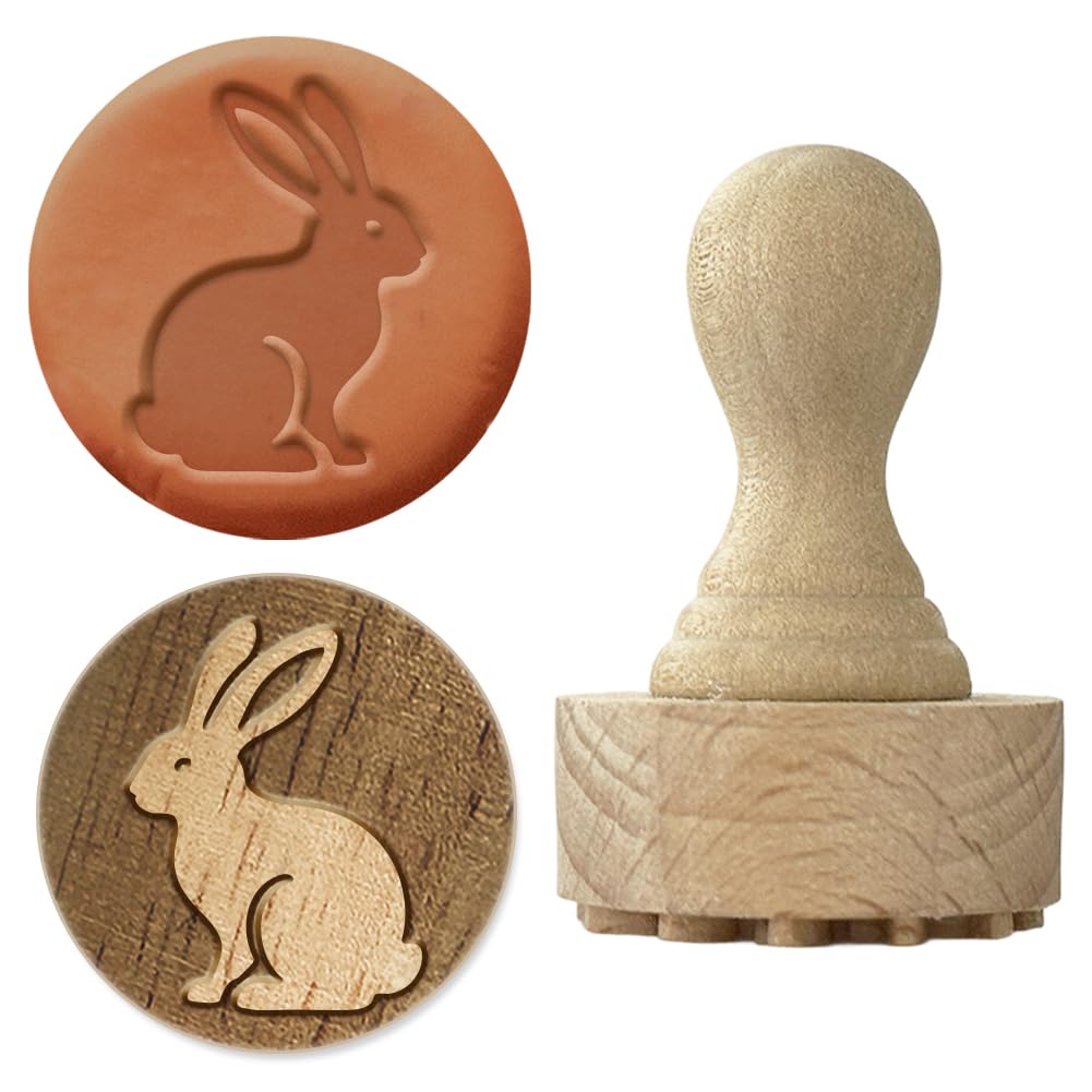 OLYCRAFT Easter Rabbit Pattern Wood Stamps with Handle 43x27mm Wooden Clay Stamp Wooden Pottery Stamps Ceramic Pottery Stamp Wood Handle Ceramic Tools for Clay Card Making and Scrapbooking