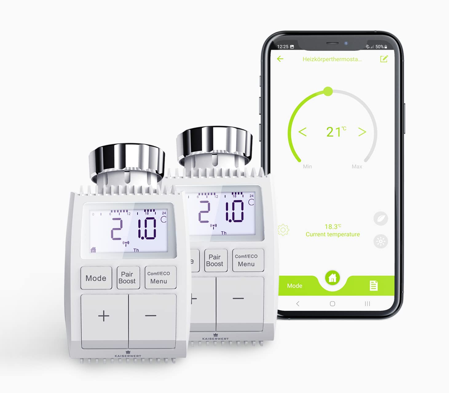 die deutsche Marke für Energiesparprodukte- smartes Heizkörperthermostat 2er-Pack - Zusatzprodukt zum KAISERWERT Starter Set - Thermostat für Heizkörper und Einzelraumsteuerung per App