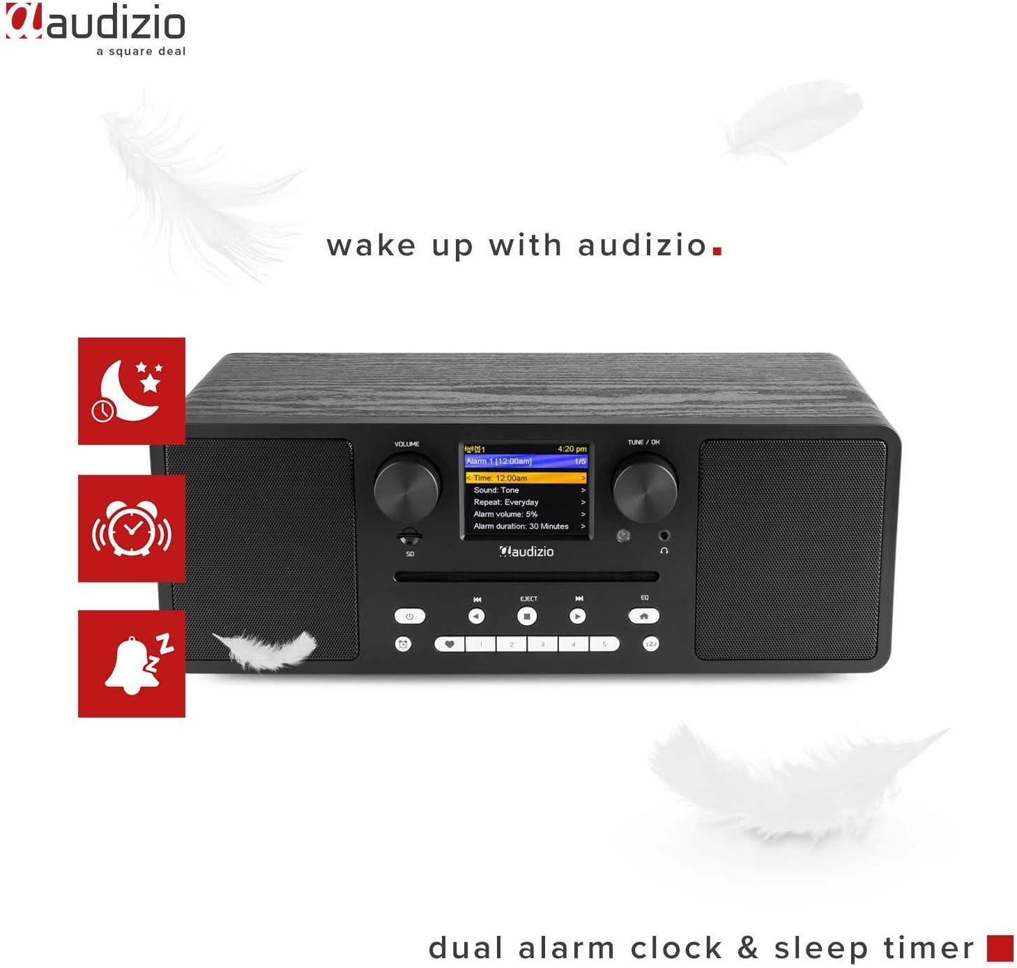 Audizio Napoli radio viser ikoner for vækkeur og sleep timer