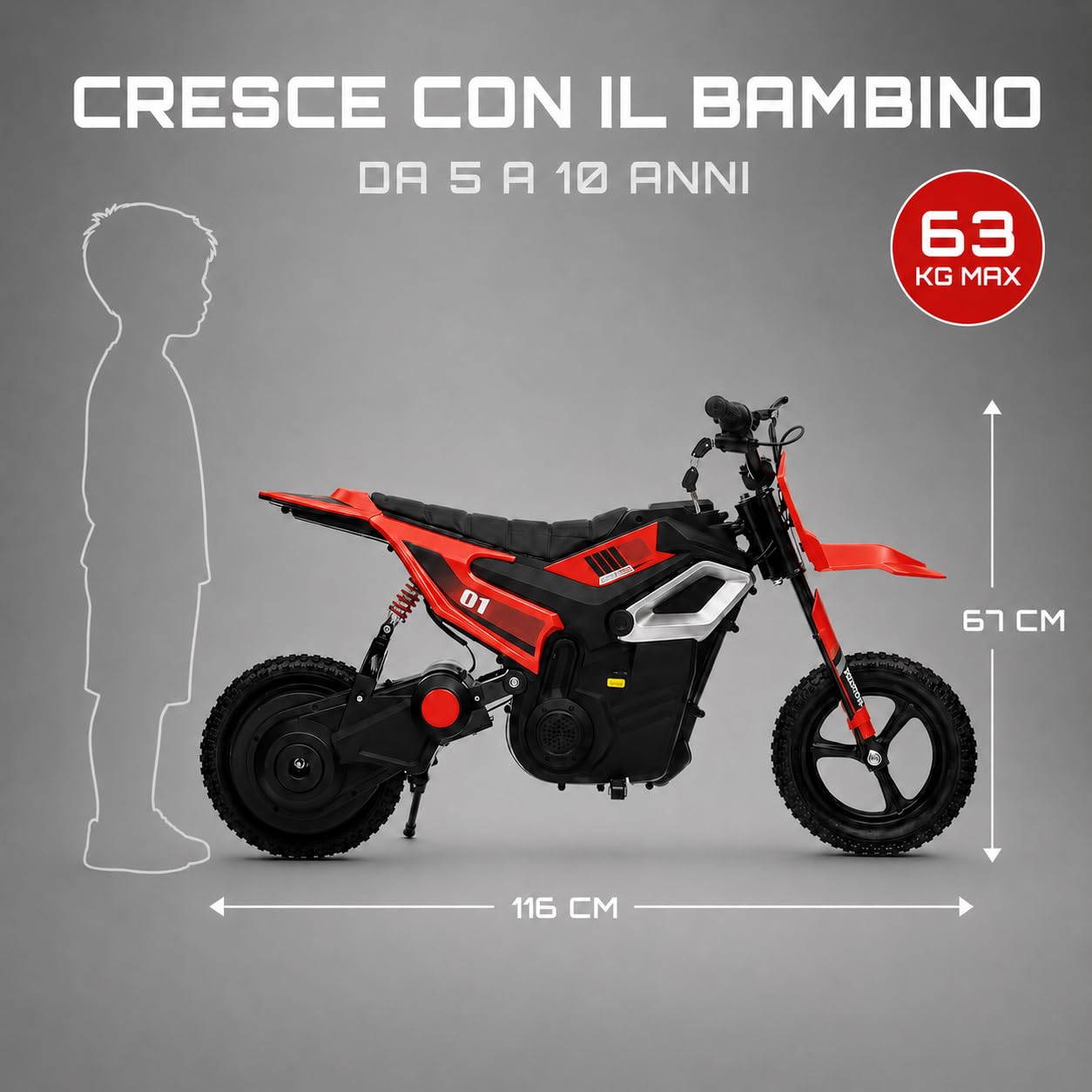 TOYSCAR Moto Elettrica per Bambini 24V 10Ah Thunder Pro Motore 350W, Minimoto Elettrica Moto Cross Elettrica, Pit Bike Elettrica, Ruote Gonfiabili 12" Freno a Disco, Sedile in Pelle, 5-10 Anni (Rosso)