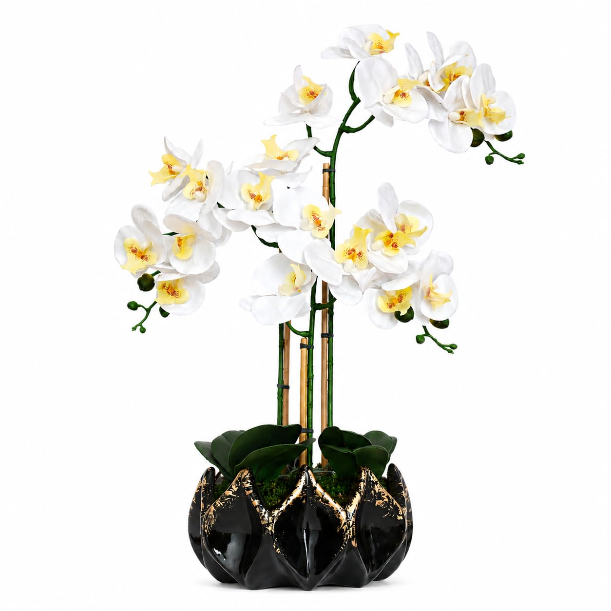 Orquídeas artificiales de 70 cm – Orquídea artificial Phalaenopsis hecha a mano en maceta de cerámica negra y dorada con bambú auténtico, sin mantenimiento – Decoración (negro y dorado)