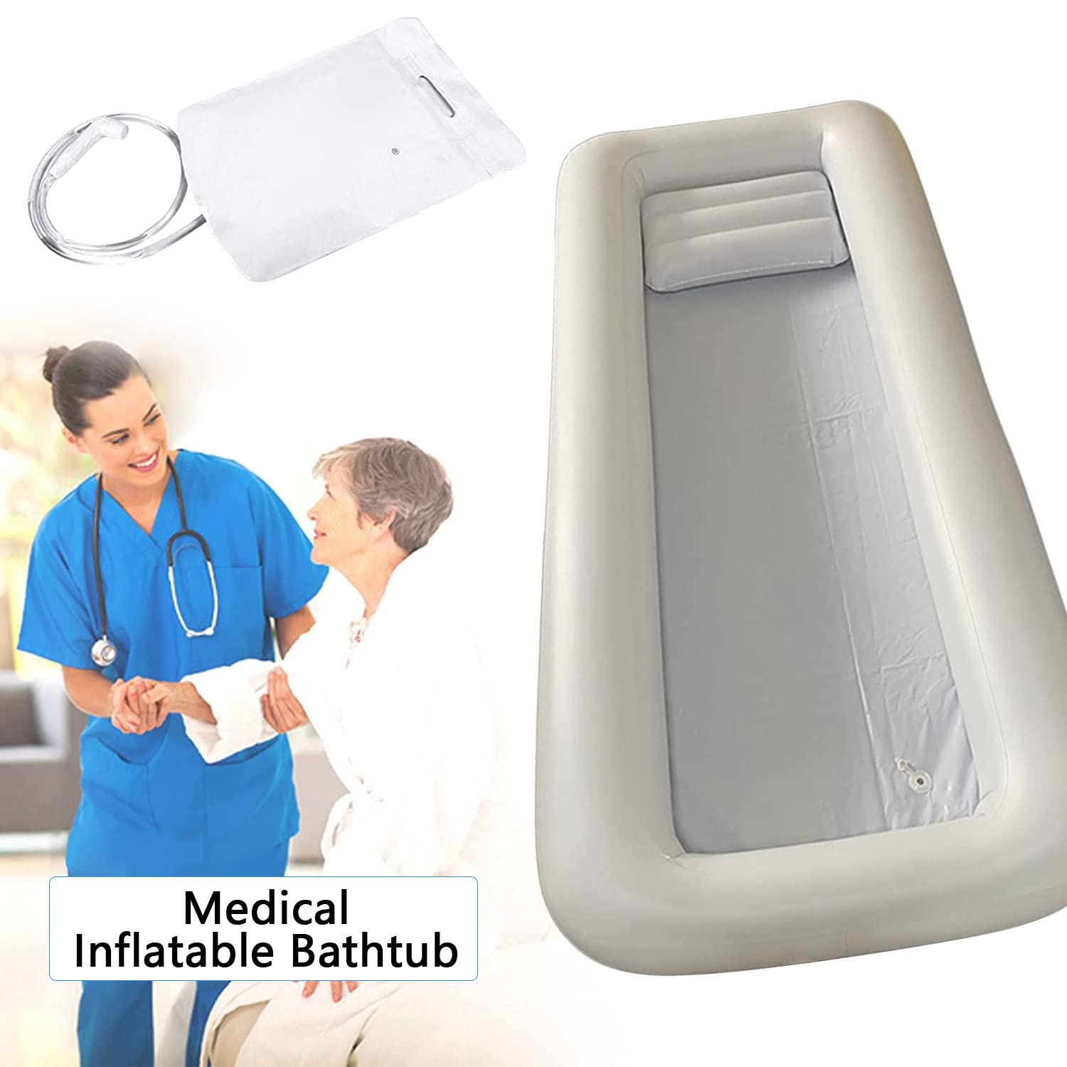 Vasca da Bagno Portatile in PVC, Aiuto di Assistenza per Adulti a Letto con Pompa ad Aria elettrica, Sacca d'Acqua, Cuscino d'Aria, Kit Vasca da Bagno per Vasca da Bagno per a