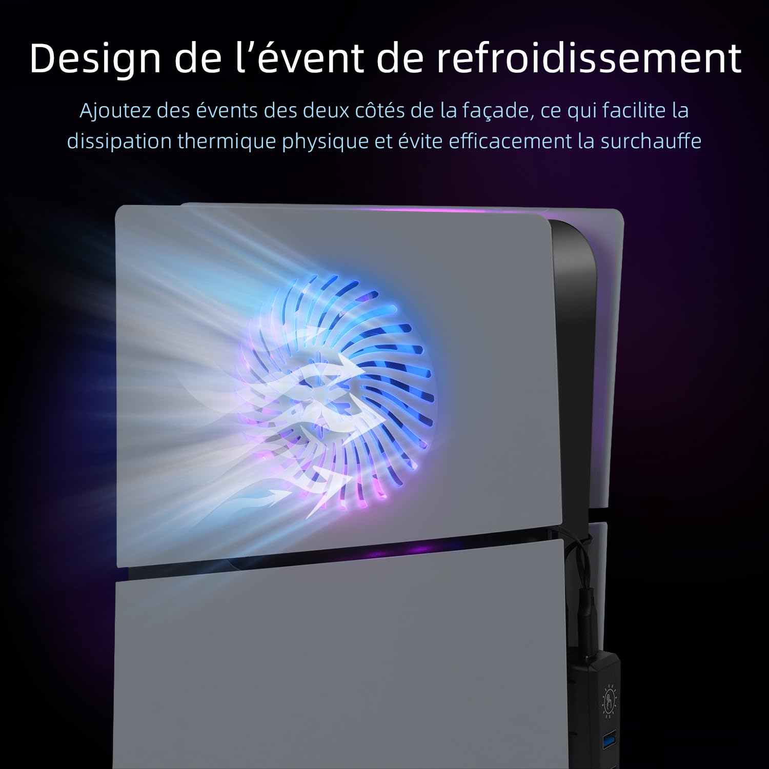 Mcbazel LED RGB Strip avec Trou de Refroidissement, Plaque Frontale de Remplacement, 2 Ports USB Hub, Accessoires de Jeu pour PS5 Slim Disc/Digital Edition – Blanc.(Non pour PS5/PS5 Pro)