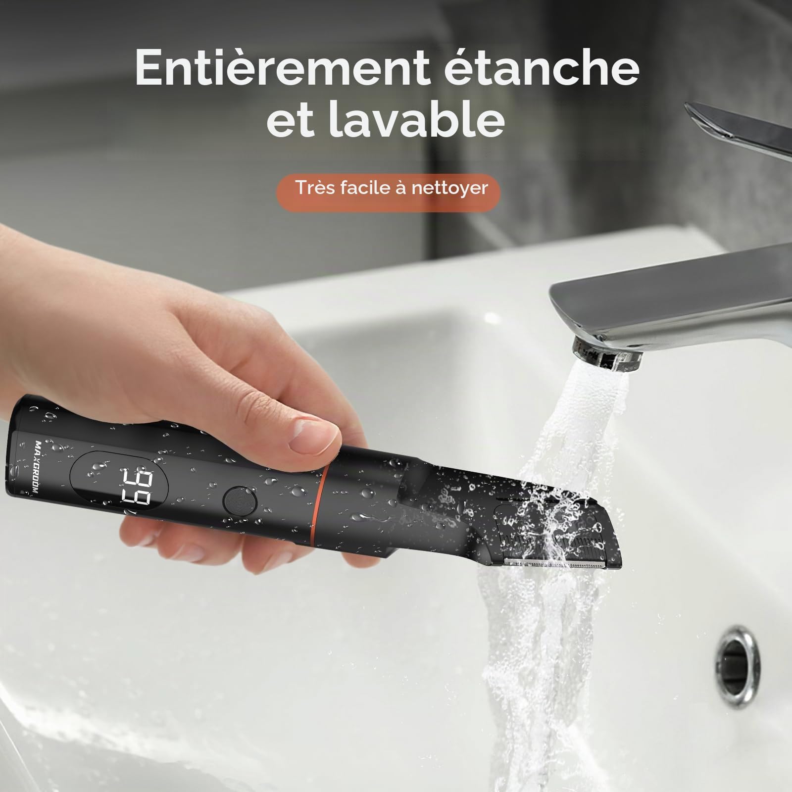 MAXGROOM Tondeuse Intime Homme, 4 en 1 Rasoir Intime Homme avec Affichage LED - Autonomie De 90 Min - Multi-Usage Pour Aine, Corps, Barbe et Poils Intimes - Rechargeable - USB-C - 100% Étanche(IPX6)