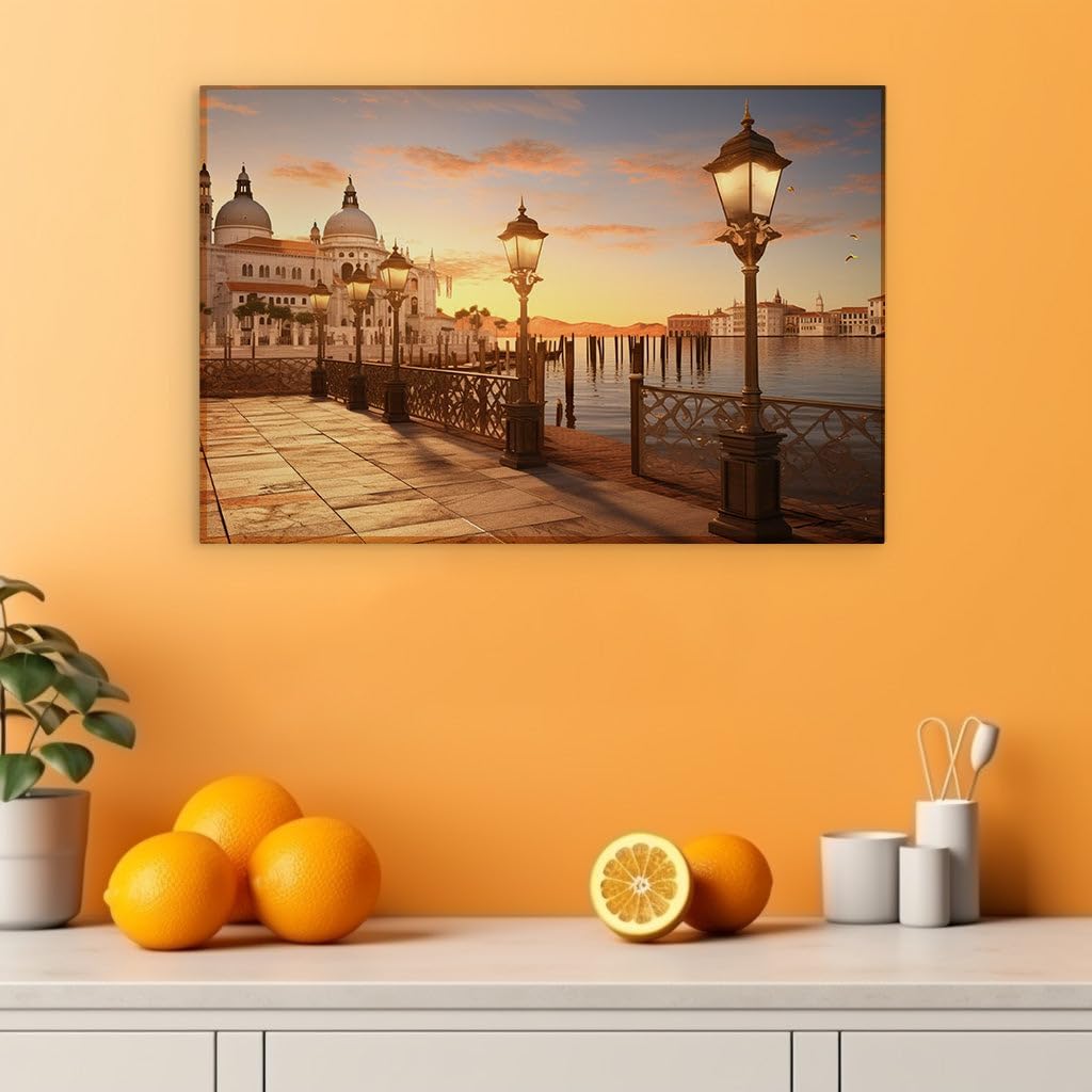 Art Wall: Venetian Waterfront At Dusk, a Symphony of Light and Reflections. Interior Decor, Canvas Art Design, Art Apartment Decoration, Office Arts Design. Size: 69x46 cm (27x18 inch)