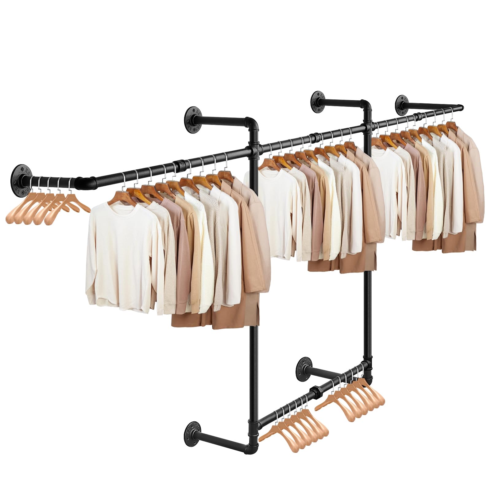 Photo 1 of Livabber Industrial Pipe Clothes Rack, Heavy Duty Detachable Iron Garment Rack Wall Mounted, Rustic Saving Space Clothes Bar Multi-Purpose Hanging Rod for Bedroom, Closet, 2 Tier, Black (82 Inch)