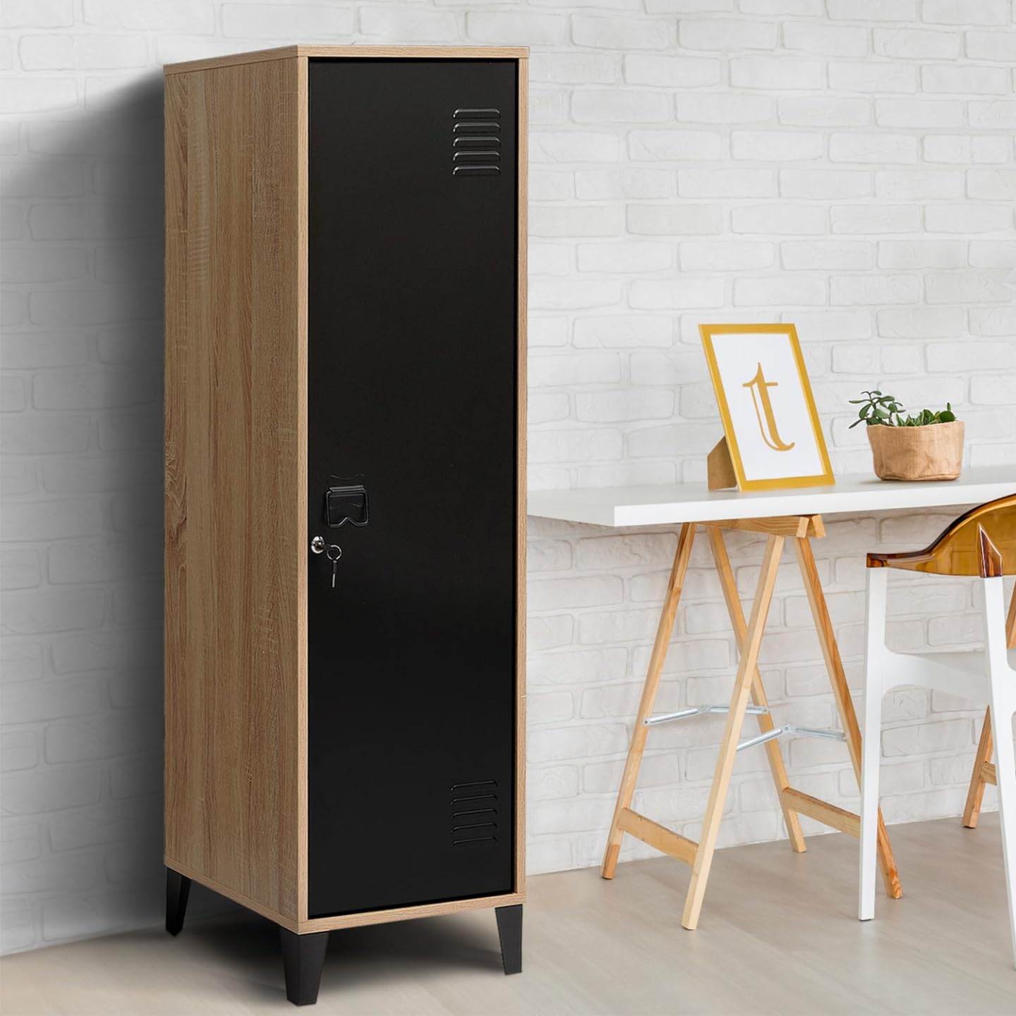 IDMarket - Armario ESTER de madera con puerta de metal negro, diseño industrial