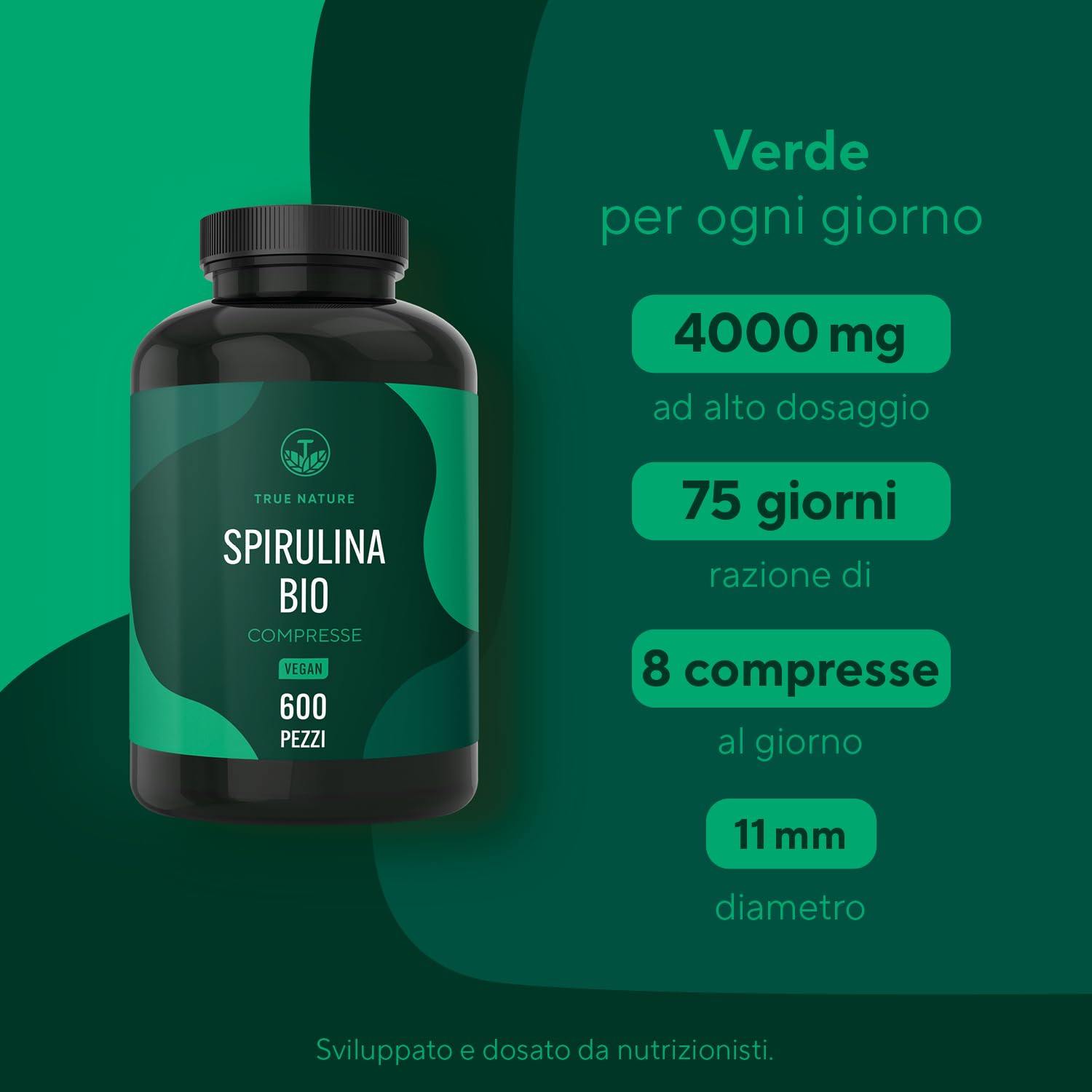 Spirulina Bio - 600 compresse 500 mg - 4000 mg dose giornaliera - Ricca di ficocianina e proteine - ultra dimagrante - Alga Spirulina pura - TRUE NATURE