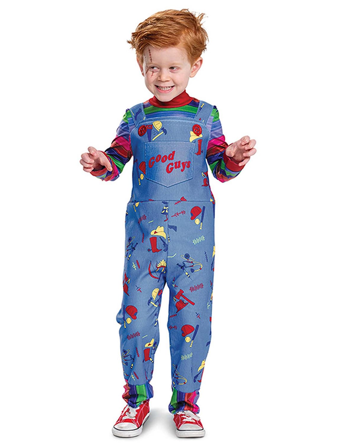 Koongso Kids Scary Killer Doll Chucky Costume Good Guys Overalls with Color Striped T-Shirt for Boys Girls Halloween Party Ghost Role Play Outfit Set Stage Props