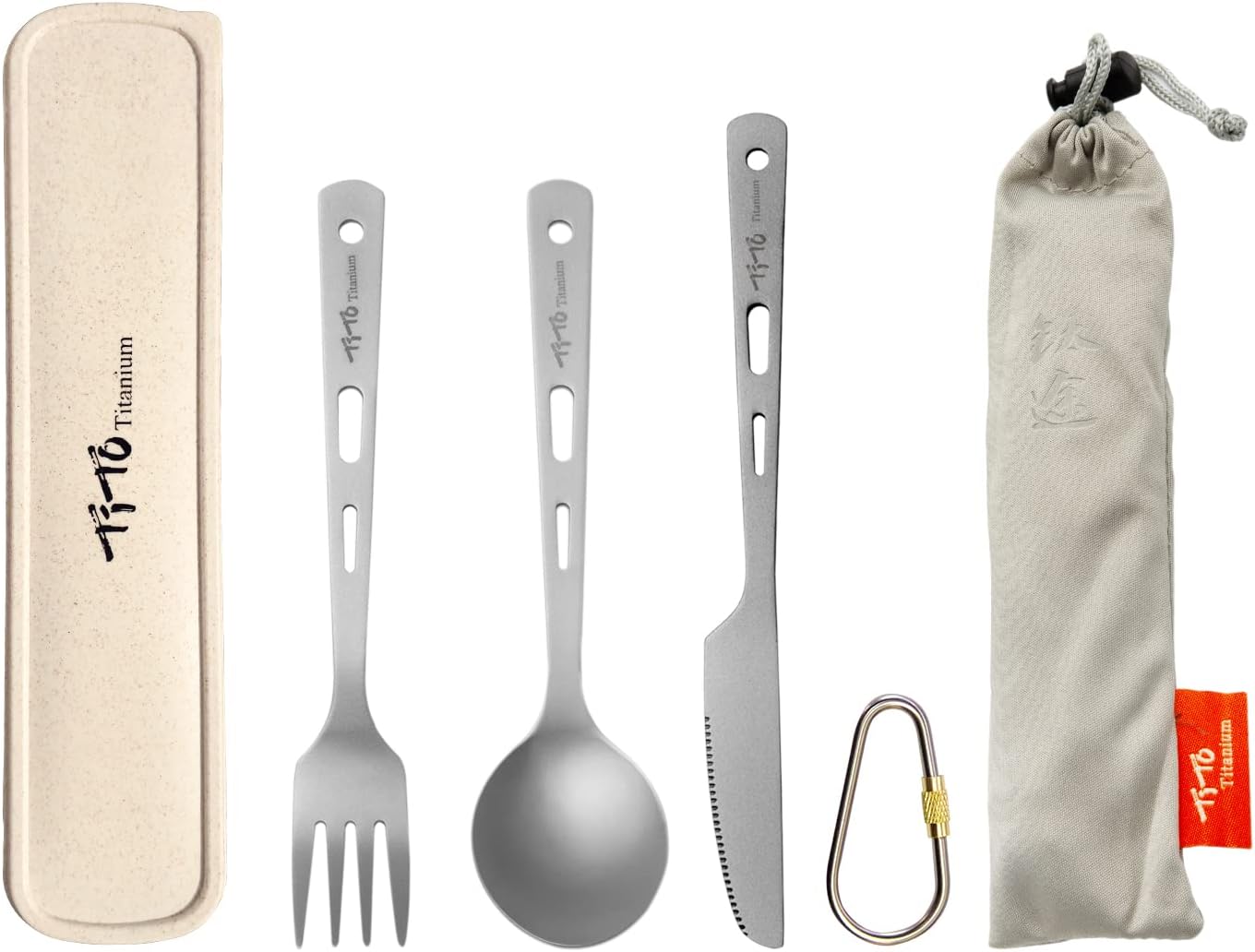 TiTo Titanium Cutlery Set Outdoor Camping Ultra Lightweight Tableware Spoon Knife Spork for Backpacking, Hiking, Travel, Home with Box and Cloth Bag (3pcs set)