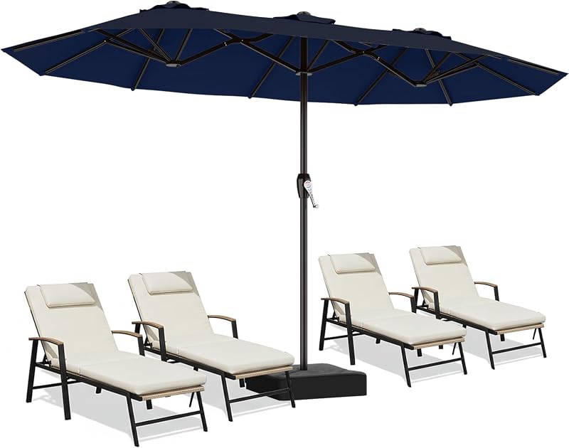 AreShark 15FT Outdoor Patio Umbrella with Base, Large Rectangular Market Umbrella, Double-Sided Outdoor Umbrellas with Crank for Garden, Lawn, Pool, Backyard, Navy