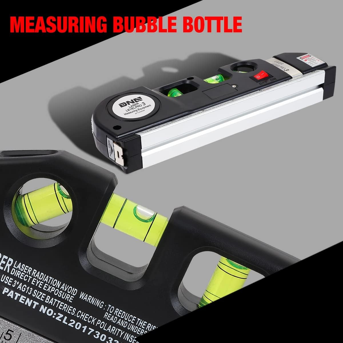 DNA Motoring TOOLS-00053 Adjustable Metric Ruler – 8 ft. Measuring Tape w/Three Mode Laser Line, Bubble Vials, Ruler Base