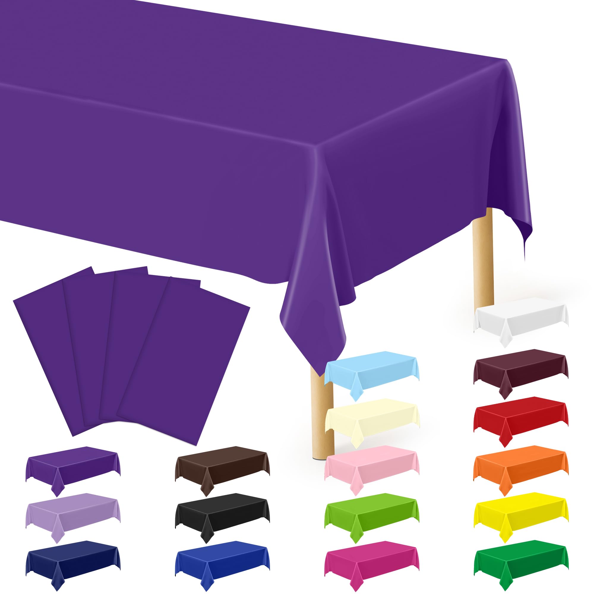 QZYL 4 PCS Plastic Table Cloth, 54 x 108 Purple Picnic Table Cover, for 6 to 8 Foot Tables, Rectangle Tablecloth for Birthday, BBQ, Wedding and Party Decorations, Indoor Outdoor Home Essentials