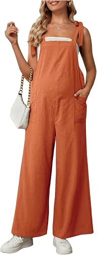 OYOANGLE Maternity Overalls Jumpsuit Knot Shoulder Strap Sleeveless Rompers