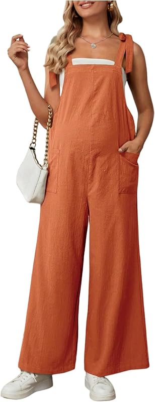 OYOANGLE Maternity Overalls Jumpsuit Knot Shoulder Strap Sleeveless Rompers