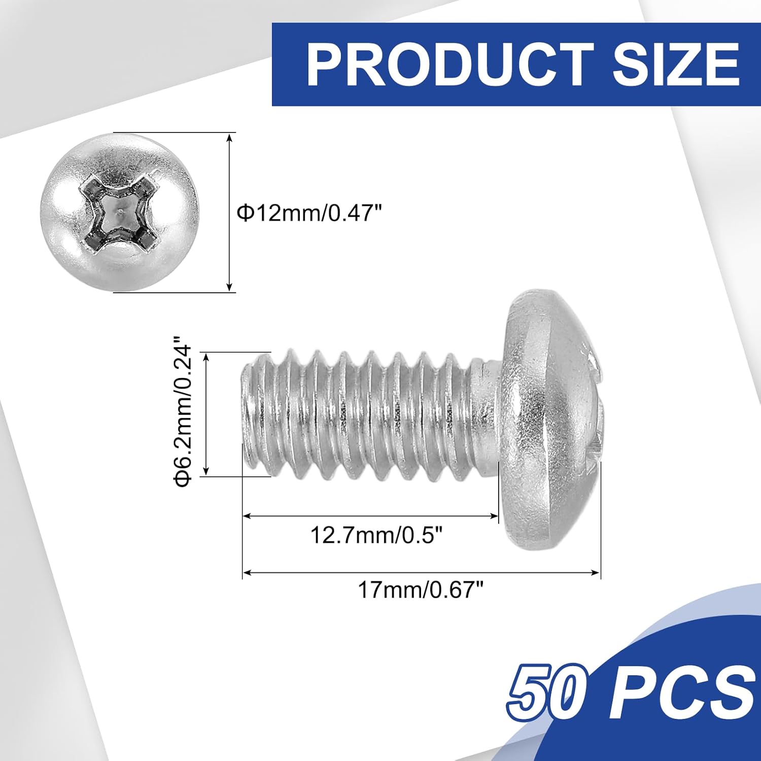 PATIKIL 1/4-20 x 1/2" Pan Head Machine Screws, 50 Pcs 304 Stainless Steel Round Head Screws for Cabinet Drawer Knob Pull Handle, Phillips Drive, Fully Threaded, Bright Finish