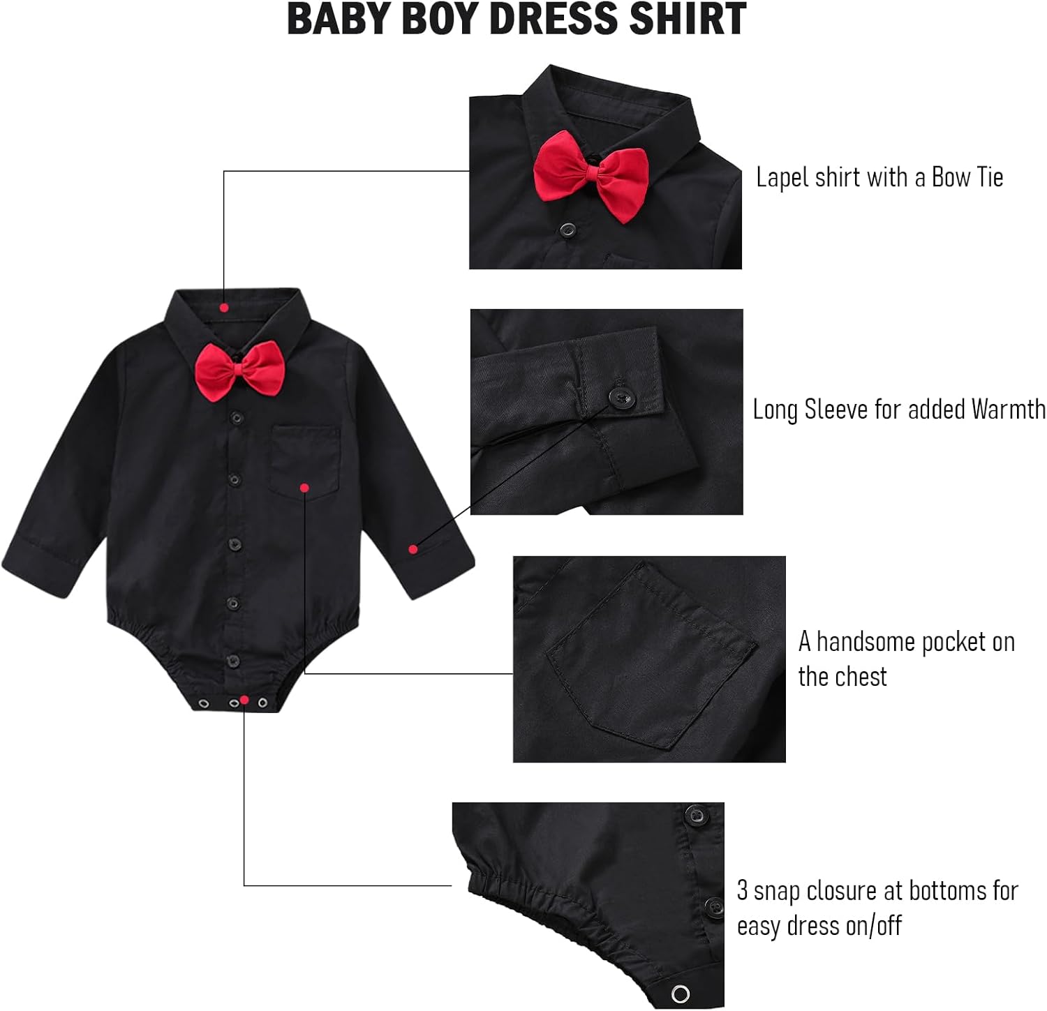 SOBOWO Infant Baby Boy Formal Dress Shirt Bodysuit Long Sleeve Button Up One-Piece Collar Romper Jumpsuit Wedding Party 0-24M - Image 3