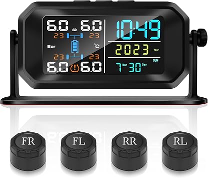 RV Tire Pressure Monitoring System,TPMS Set of 6 Sensors | 6 Alarm Modes,Solar/USB Charge, Color LCD,Real-time Display for RV/Fifth Wheel/Trailer/Truck/SUV/Car