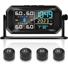 Tire Pressure Monitoring System Solar TPMS with 4 External Sensors Real-Time LCD Display Solar and USB Charging 6 Alarm Modes RV Tire Pressure Monitoring System for Car RV SUV MPV and Sedans