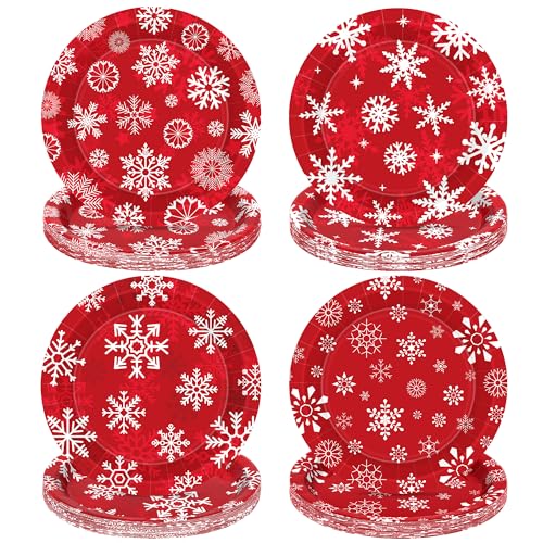 QZYL 48 Pcs Christmas Plates, Disposable Christmas Paper Plates Set in 4 Styles, 9" Red Xmas Snowflake Plate, Xmas Party Supplies for Ugly Sweater Winter Holiday Dinnerware Decor
