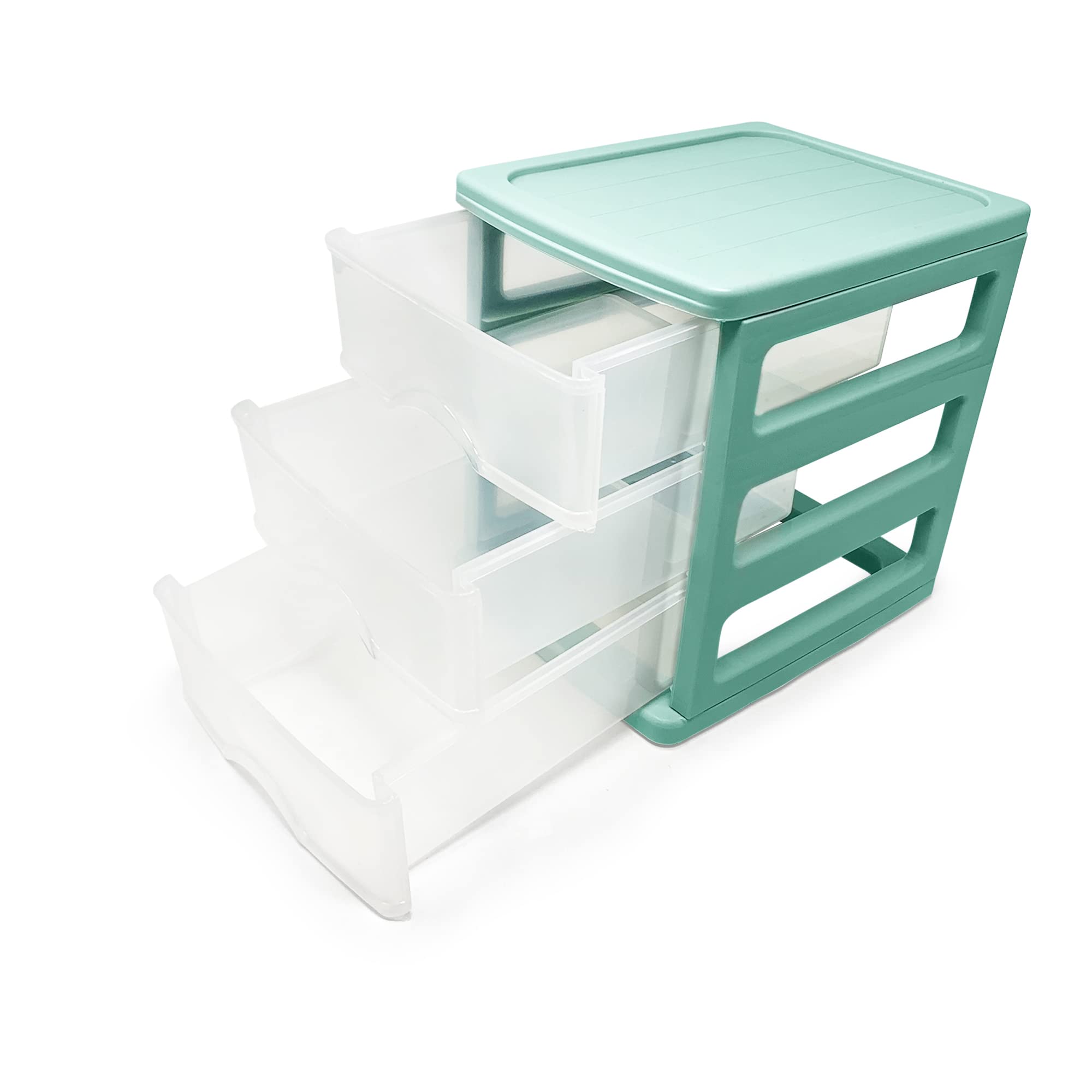 Plastic Desktop Storage Unit with Drawers, Stationary Arts Drawer Desktop Tabletop Organiser Storage Tower Unit for Office Bedroom Garage ((17 x 13.5 x 17cm, Mint Green with 3 Clear Drawers)) — view 6