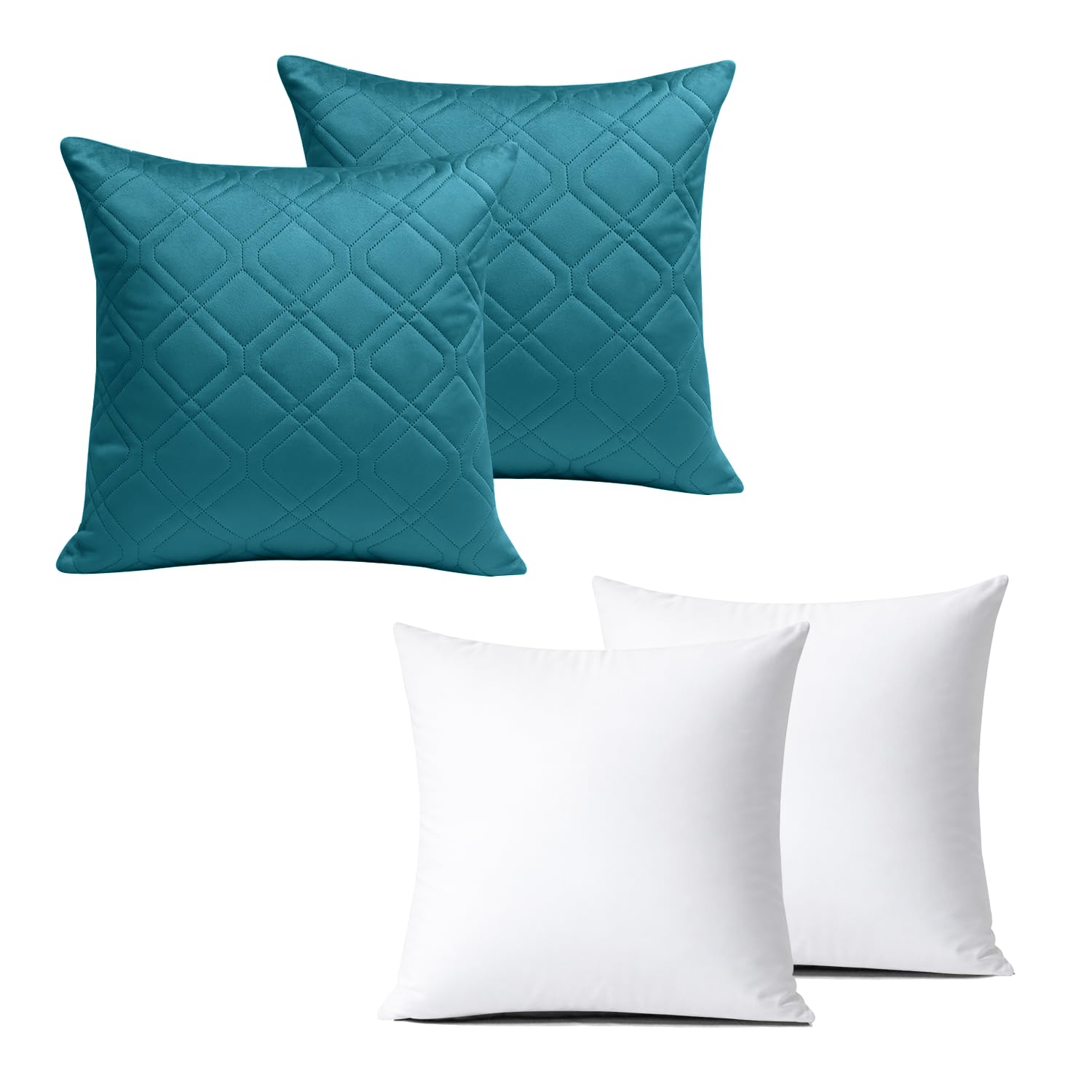 BedLooms Cushions with Covers Included 45x45 cm Teal Pack of 2 (2-Cushion Covers + 2-Cushion Inners) Ultrasonic Diamond Velvet Square Throw Pillow Cases with Invisible Zipper for Sofa Bedroom
