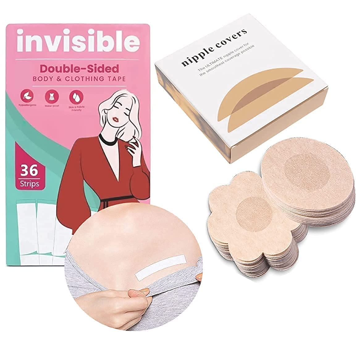Nipple Covers Stick 10 Breathable Nipple Pasties, No Show Bra for Women, Skin Friendly, Disposable with Double Sided Tape for Fashion,Transparent(Sticker-36 Strip & 10Pcs Nipple Covers Cotton)-image-20