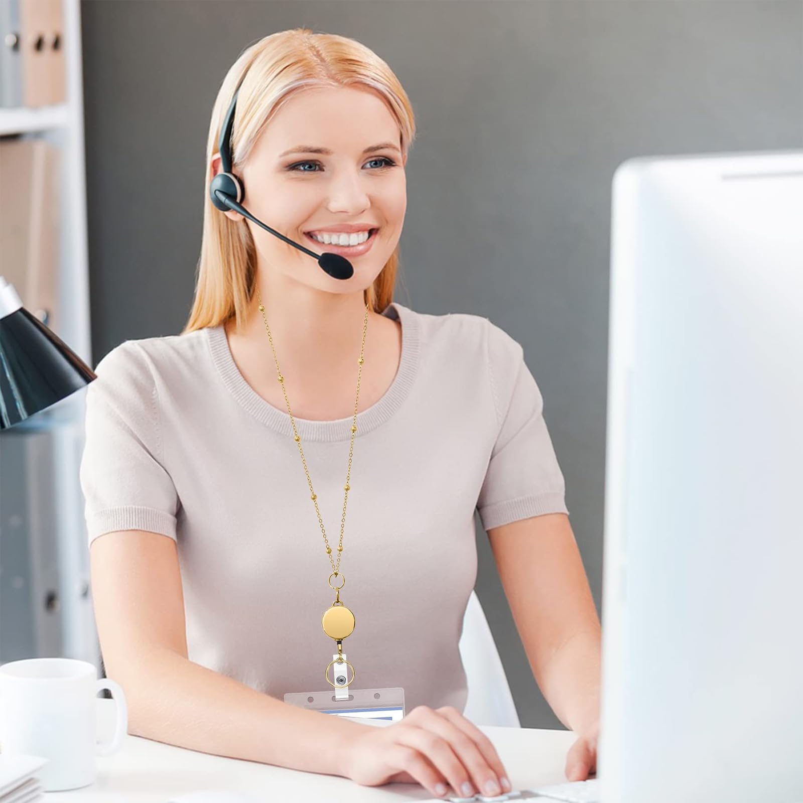 Smycz na identyfikator, stal nierdzewna, 2 uchwyty wodoodporne, chowany, dla nauczyciela, złote