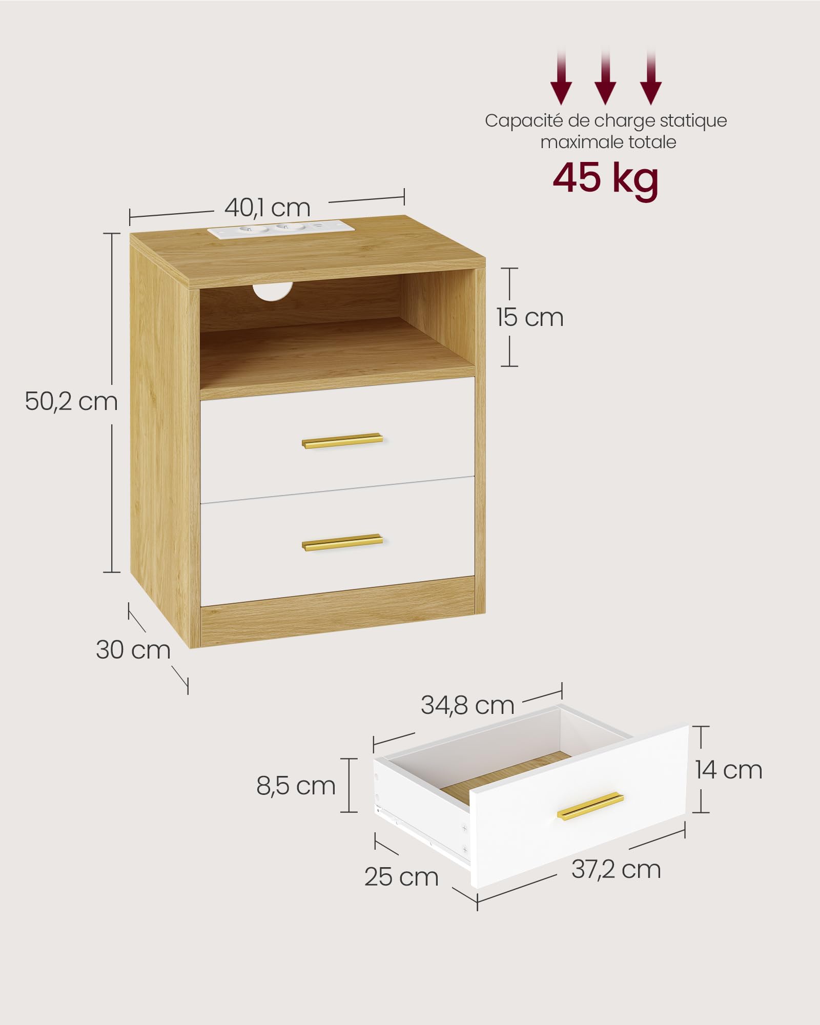 VASAGLE Custos Collection - Table de Chevet avec Multiprise, LED, Table d’Appoint avec Tiroirs, Compartiment Ouvert, 2 Prises CA, Ports USB, Jaune Paille et Blanc texturé LET829YD02