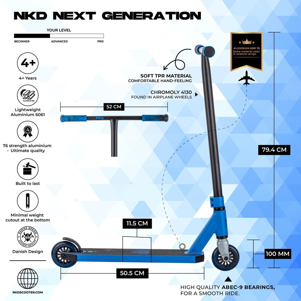 Monopattino acrobatico NKD – Next Generation | Cuscinetti ABEC-9 ad alte prestazioni | Manubrio girevole a 360° per Freestyle | Lega di alluminio 6061 durevole