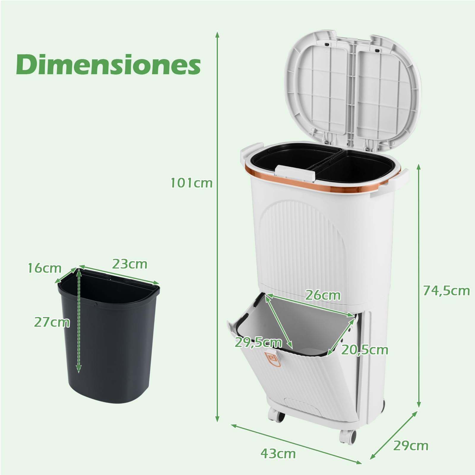 COSTWAY Cubo de Basura Cocina 38L (12+12+14L), Cubo de Basura de Reciclaje con 3 Compartimentos, 2 Cubos Extraíbles, Pedal y Ruedas, Papelera de Reciclaje con 2 Tapas Separadas, 43x29x75 cm (Blanco)