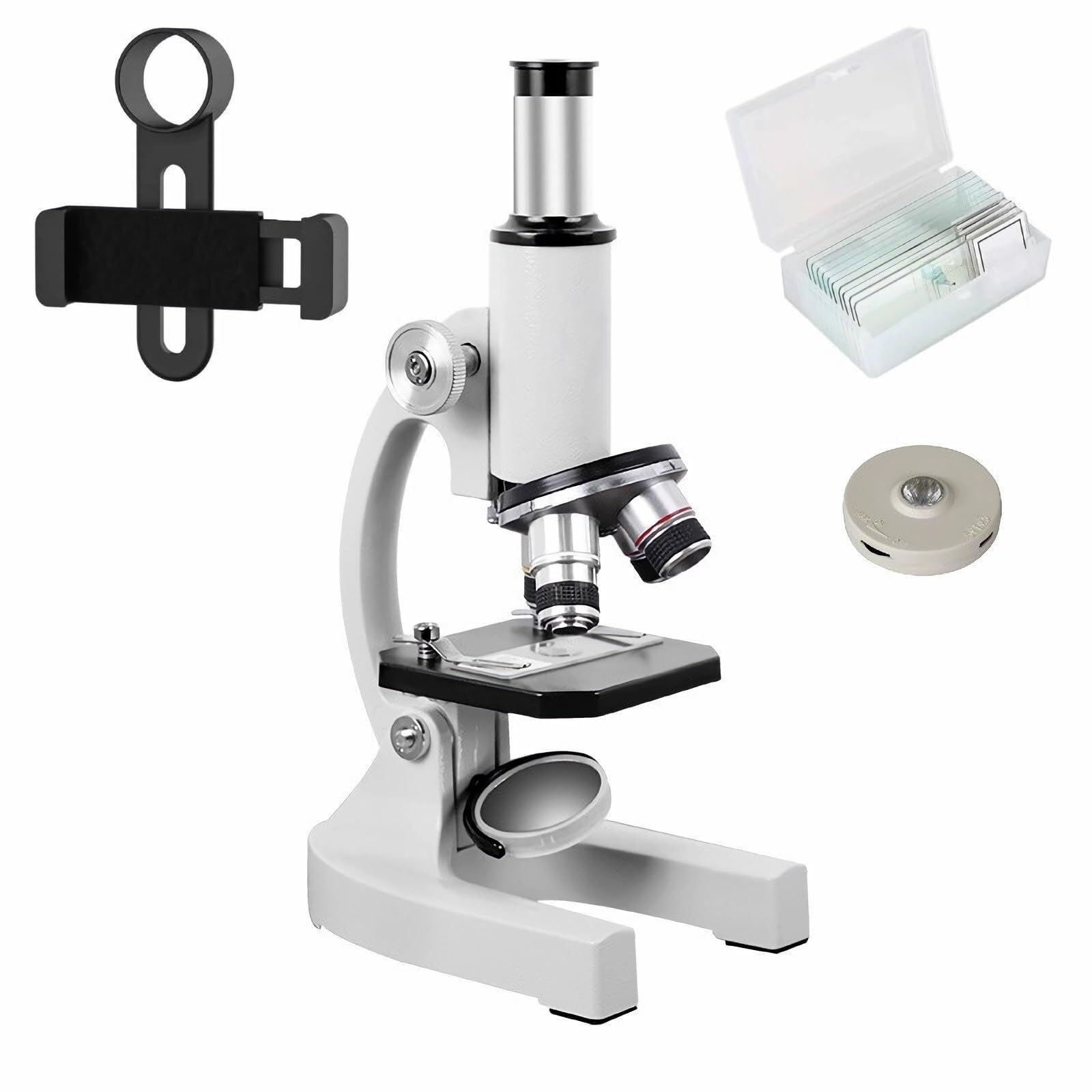 Microscopio Biologico Educativo - Ingrandimento 200 a 4000X con Clip Telefono e Campioni(White)