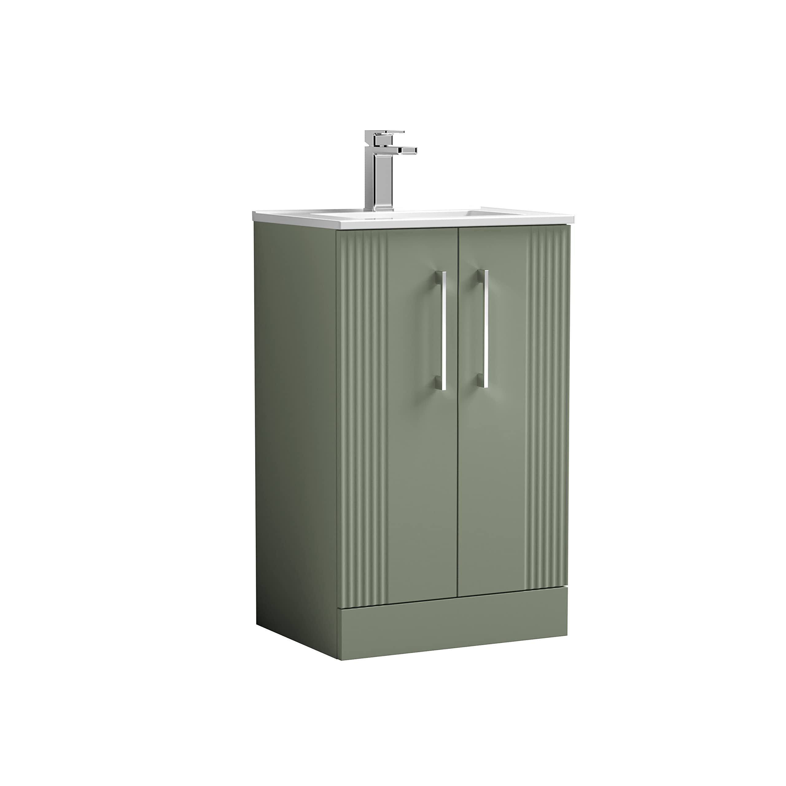 nuie DPF823B Deco Modern Bathroom Floor Standing 2 Door Part Fluted Vanity Basin Unit with Minimalist Ceramic Basin, 500mm, Satin Green