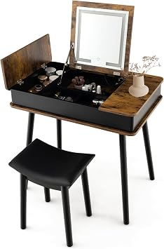 Vanity Desk w/Flip Top 3-Color LED Mirror, Easy Assembly Dressing & Makeup Vanity Desk w/ 7 Storage Compartment, USB Port, 2-in-1 Vanity Table & Writing Table w/Cushioned Stool for Bedroom