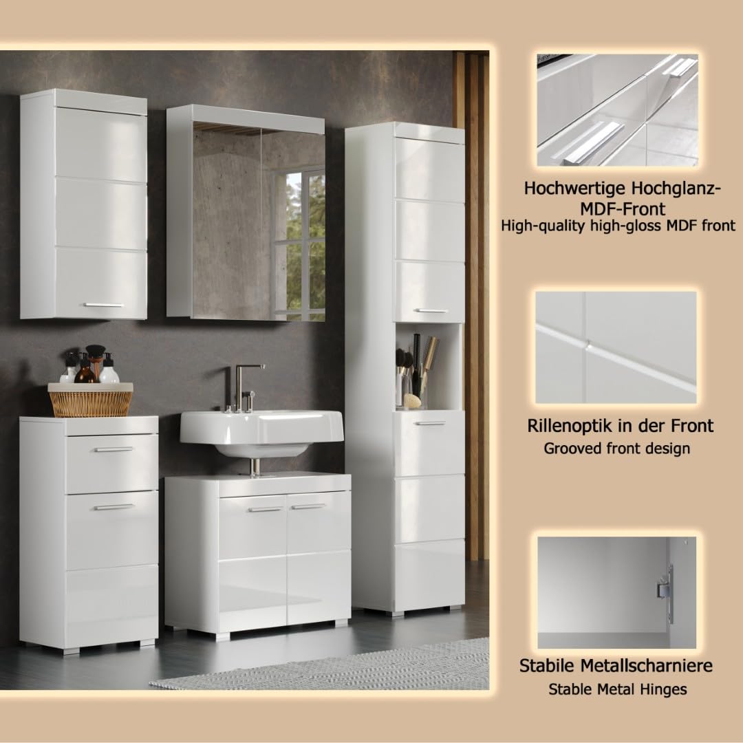 trendteam smart living - Amanda - Badezimmer Komplettset (WBU + Spiegelschrank + Standschrank + Hochschrank + Hängeschrank) - Weiß/Weiß Hochglanz - (BxHxT) 163 x 190 x 34 cm - Kratzfest