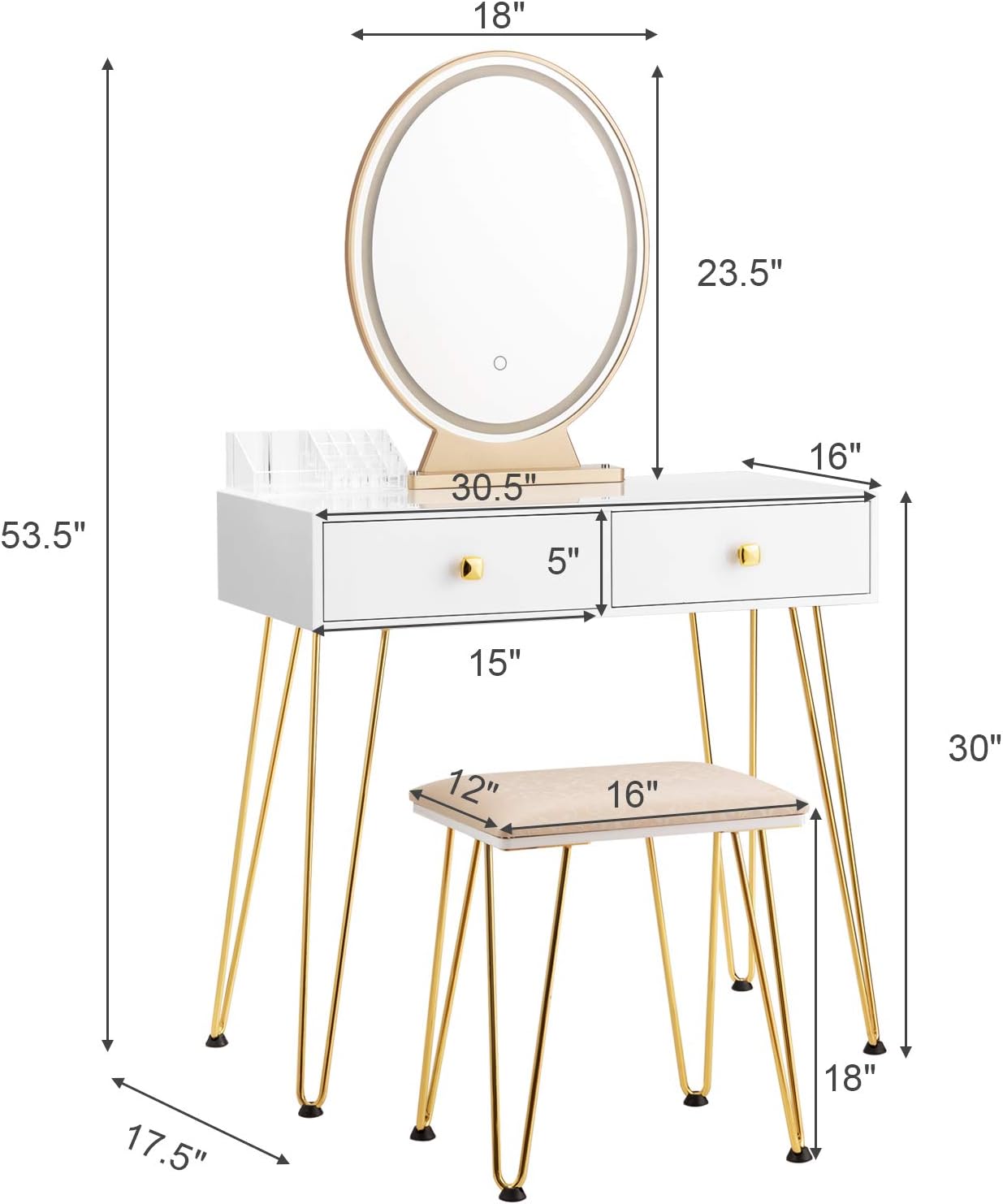 LDAILY Makeup Vanity Desk with Mirror and Lights, Vanity Table with 3 Modes Adjustable Lighted Mirror, Stool and 2 Drawers, Modern Makeup Desk for Small Space, Ideal Gifts for Girls (White)