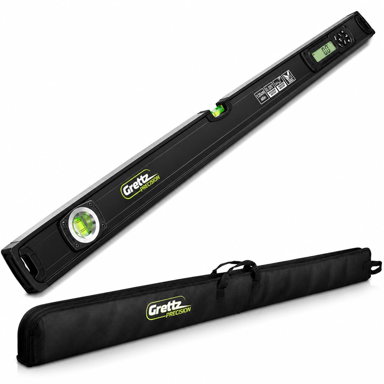 Grettz GL120 Digital Level 1200 mm – Dual Backlit LCD Displays, IP65 Waterproof Spirit Level with Rare Earth Magnets – High-Precision Digital Inclinometer for Trades & DIY