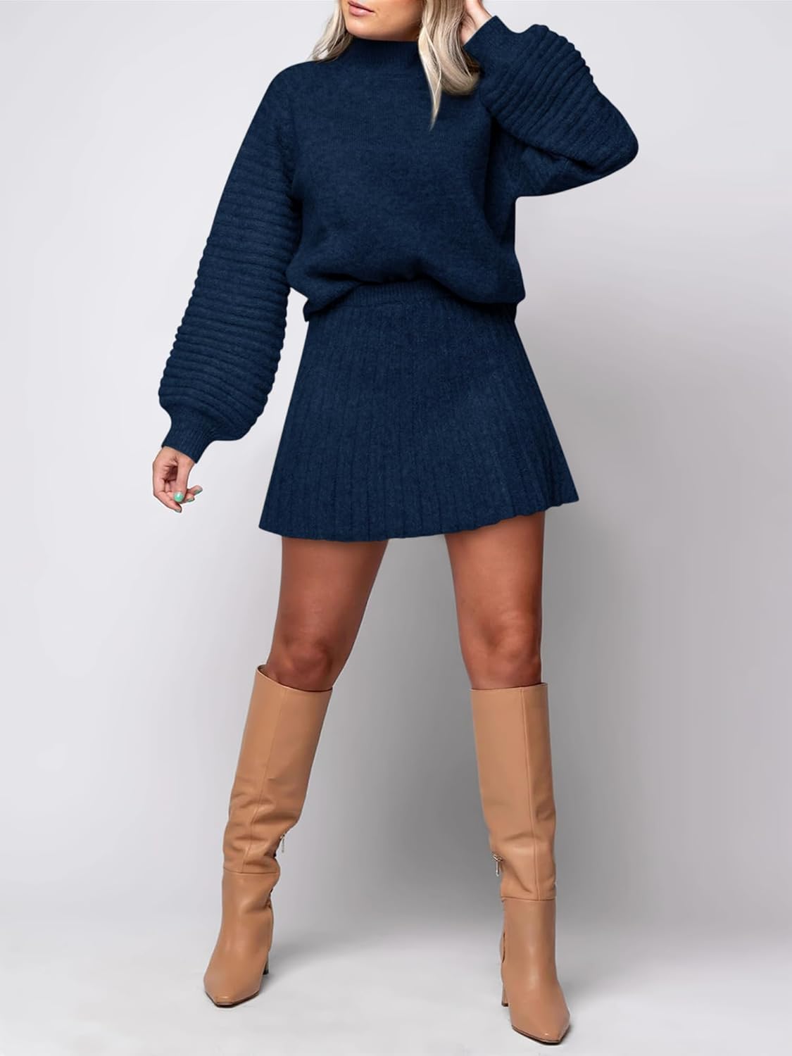 Womens 2 Piece Skirt Sets Fall Fashion 2025 Mock Neck Ribbed Knit Sweaters And Mini Skirt Two Piece Outfits - Image 2