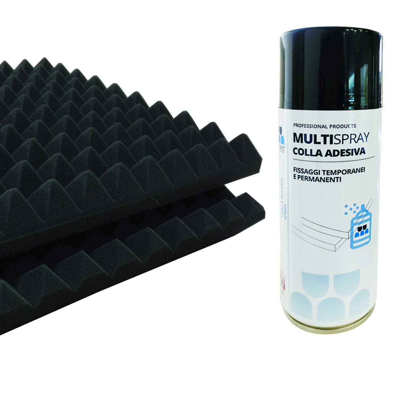 Pannelli Fonoassorbenti Piramidali Ignifughi Certificati Classe 1IM – 50 x 50 x 5,5 (2+3,5)cm Densità 30 + Colla MultiSpray (Confezione 12 Pannelli + 1 Bomboletta) – Multisint Produzione 100% Italiana