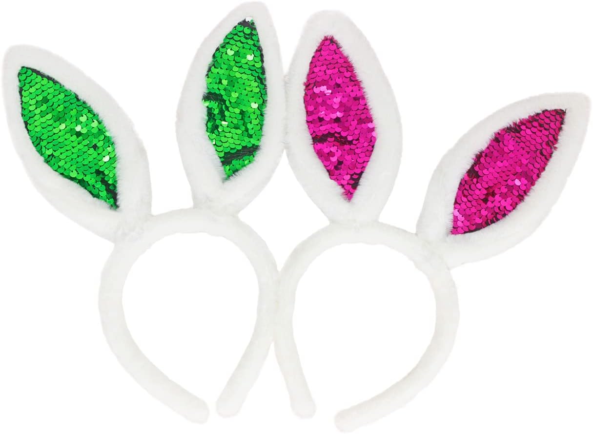 JING XIN 2PCS Sequin Bunny Ears Headbands White Rabbit Ears Headband Easter Bunny Hat for Women Party Costume