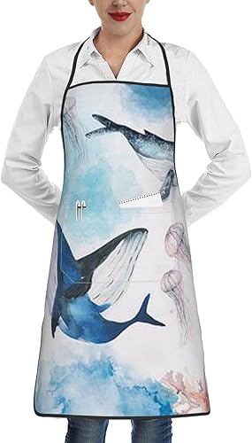 Delantal estampado de ballenas marinas y medusas, delantal de cocina impermeable para mujer, cintura ajustable, con bolsillos, adecuado para el