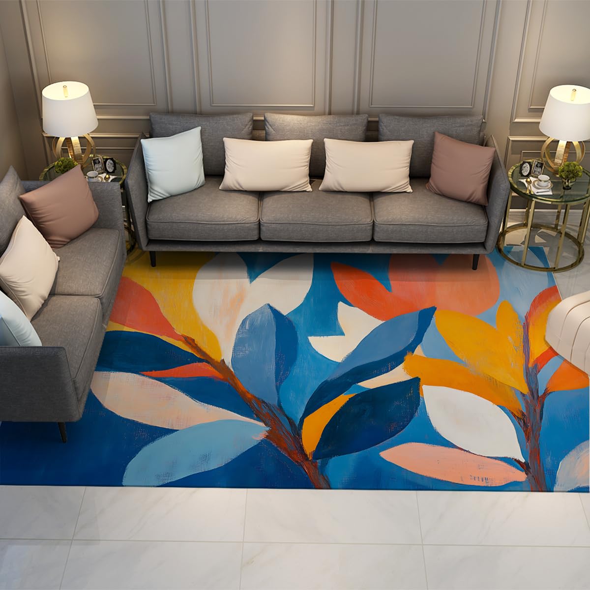Tapis à feuilles abstraites colorées 120x180cm antidérapant poil bas pour salon et chambre