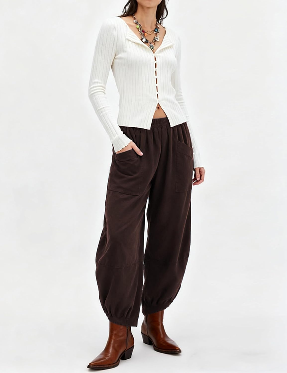 Yeokou Corduroy Pants Women Barrel Wide Leg Elastic High Rise Fall Casual Trousers with Pockets - Image 7