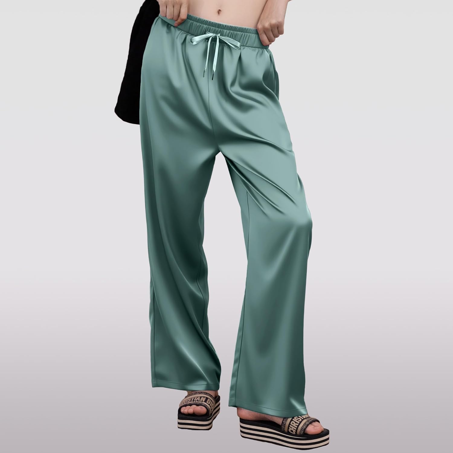 LWQ&ROSE Women's Silky Wide-Leg Pants Summer Home Lightweight Drape Satin Straight Trousers with Pockets Casual Outfits - Image 8
