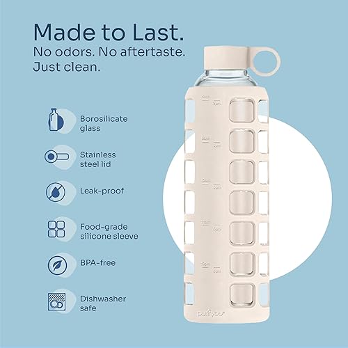 Miniatura 4 de purifyou Botella de Agua de Vidrio Borosilicato de 40oz 32oz 22oz 12oz con Marcadores de Tiempo y Volumen, Funda de Silicona, Tapa de Acero