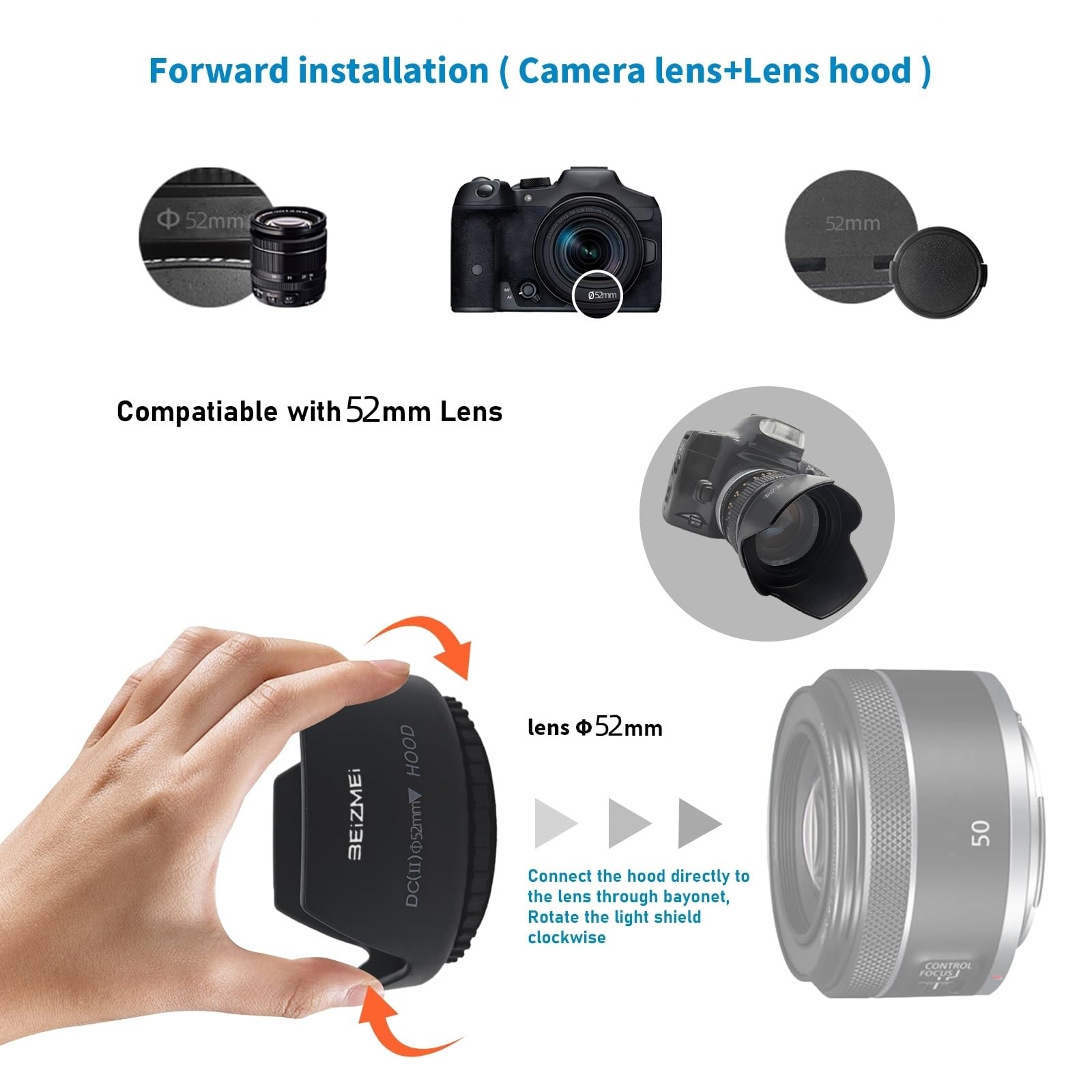 Paraluce da 52 mm, compatibile con tutti gli obiettivi della fotocamera con filettatura da 52 mm (modello universale) + panno per la pulizia dell'obiettivo. (52 mm Spiral Petal Light Shield)