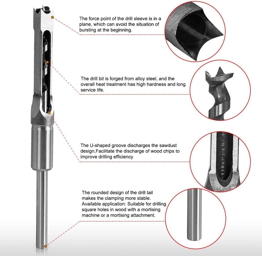 Square Hole Drill Bit for Wood with Square Hole Drill Bit Adapter, Woodworking Chisel Drill Bits 1/2-Inch, 1/4-Inch, 3/4inch, 3/8-Inch, 5/8-Inch, 5/16-Inch, 9/16-Inch 7pcs
