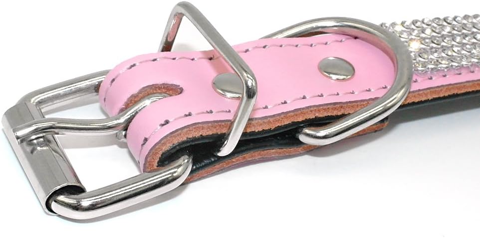 UMS Rhinestones Dog Collar - Soft Bling Genuine Padded Leather Made Sparkly Crystal Diamonds Studded -Perfect for Pet Show & Daily Walking Pink 14-18"